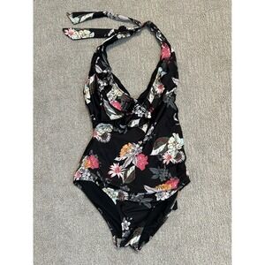Modcloth Black‎ Floral Halter One Piece Swimsuit Tummy Control Large